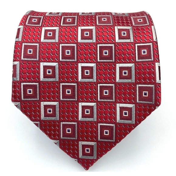 Ermenegildo Zegna Other - Current ERMENEGILDO ZEGNA Tie Red Gray Silver Squares Woven 100% Silk Necktie